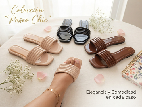Colección Paseo Chic - Sandalias planas en nude, negro y café